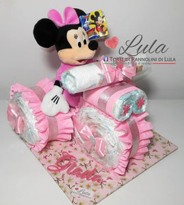 Torte di pannolini Lula Creazioni - Triciclo Pampers Minnie rosa femmina regalo nascita battesimo festa futura mamma gravidanza neonato bella shop online spedizioni italia ancona