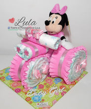 Carica l&#39;immagine nel visualizzatore di Gallery, Torte di pannolini Lula Creazioni - Triciclo Pampers Minnie rosa femmina regalo nascita battesimo festa futura mamma gravidanza neonato bella shop online spedizioni italia ancona
