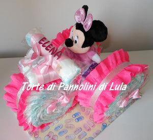 Torte di pannolini Lula Creazioni - Triciclo Pampers Minnie rosa femmina regalo nascita battesimo festa futura mamma gravidanza neonato bella shop online spedizioni italia ancona