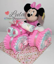 Carica l&#39;immagine nel visualizzatore di Gallery, Torte di pannolini Lula Creazioni - Triciclo Pampers Minnie rosa femmina regalo nascita battesimo festa futura mamma gravidanza neonato bella shop online spedizioni italia ancona
