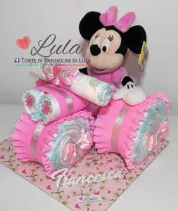 Torte di pannolini Lula Creazioni - Triciclo Pampers Minnie rosa femmina regalo nascita battesimo festa futura mamma gravidanza neonato bella shop online spedizioni italia ancona