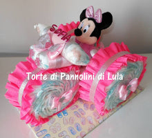 Carica l&#39;immagine nel visualizzatore di Gallery, Torte di pannolini Lula Creazioni - Triciclo Pampers Minnie rosa femmina regalo nascita battesimo festa futura mamma gravidanza neonato bella shop online spedizioni italia ancona
