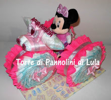 Carica l&#39;immagine nel visualizzatore di Gallery, Torte di pannolini Lula Creazioni - Triciclo Pampers Minnie rosa femmina regalo nascita battesimo festa futura mamma gravidanza neonato bella shop online spedizioni italia ancona
