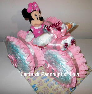 Torte di pannolini Lula Creazioni - Triciclo Pampers Minnie rosa femmina regalo nascita battesimo festa futura mamma gravidanza neonato bella shop online spedizioni italia ancona