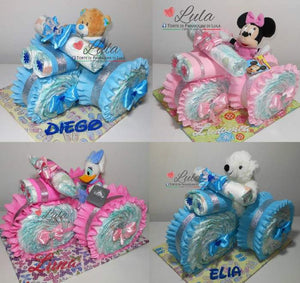 Torte di pannolini Lula Creazioni - Triciclo Pampers peluche Minnie Paperina Topolino particolare azzurro maschio rosa femmina regalo nascita battesimo festa futura mamma gravidanza neonato bella shop online spedizioni italia ancona