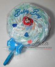 Carica l&#39;immagine nel visualizzatore di Gallery, Torte di pannolini Lula Creazioni Pampers Idea regalo nascita battesimo baby shower futura mamma lecca lecca maschio azzurro
