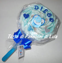 Carica l&#39;immagine nel visualizzatore di Gallery, Torte di pannolini Lula Creazioni Pampers Idea regalo nascita battesimo baby shower futura mamma lecca lecca maschio azzurro
