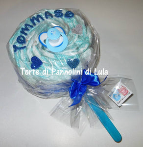 Torte di pannolini Lula Creazioni Pampers Idea regalo nascita battesimo baby shower futura mamma lecca lecca maschio azzurro