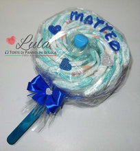 Carica l&#39;immagine nel visualizzatore di Gallery, Torte di pannolini Lula Creazioni Pampers Idea regalo nascita battesimo baby shower futura mamma lecca lecca maschio azzurro
