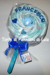 Torte di pannolini Lula Creazioni Pampers Idea regalo nascita battesimo baby shower futura mamma lecca lecca maschio azzurro