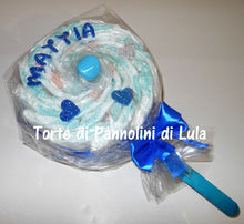 Carica l&#39;immagine nel visualizzatore di Gallery, Torte di pannolini Lula Creazioni Pampers Idea regalo nascita battesimo baby shower futura mamma lecca lecca maschio azzurro
