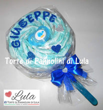 Carica l&#39;immagine nel visualizzatore di Gallery, Torte di pannolini Lula Creazioni Pampers Idea regalo nascita battesimo baby shower futura mamma lecca lecca maschio azzurro
