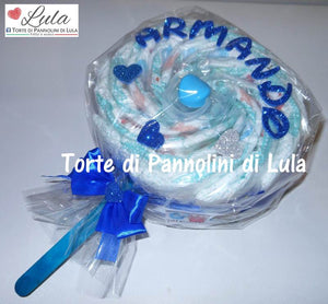 Torte di pannolini Lula Creazioni Pampers Idea regalo nascita battesimo baby shower futura mamma lecca lecca maschio azzurro