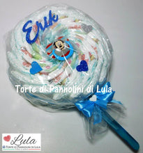 Carica l&#39;immagine nel visualizzatore di Gallery, Torte di pannolini Lula Creazioni Pampers Idea regalo nascita battesimo baby shower futura mamma lecca lecca maschio azzurro
