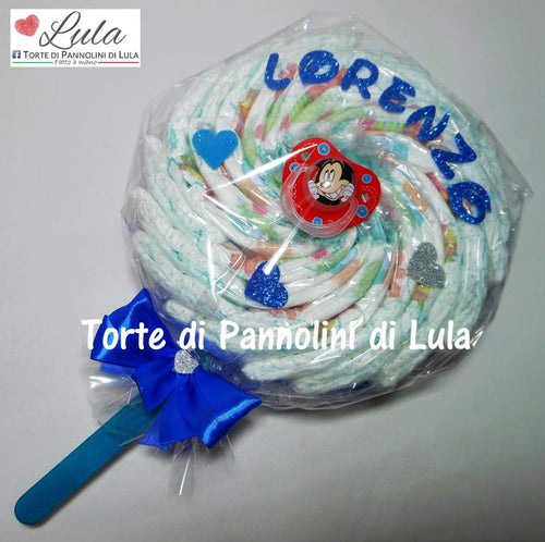 Torte di pannolini Lula Creazioni Pampers Idea regalo nascita battesimo baby shower futura mamma lecca lecca maschio azzurro