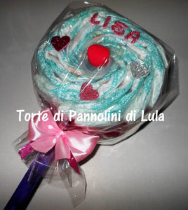 Torte di pannolini Lula Creazioni Pampers Idea regalo nascita battesimo baby shower futura mamma lecca lecca rosa femmina