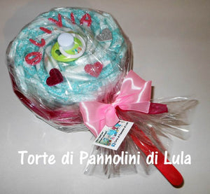 Torte di pannolini Lula Creazioni Pampers Idea regalo nascita battesimo baby shower futura mamma lecca lecca rosa femmina