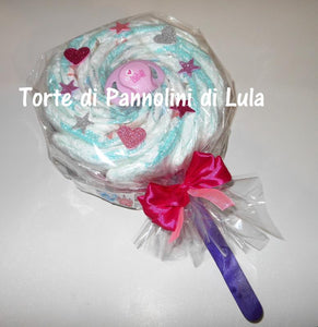 Torte di pannolini Lula Creazioni Pampers Idea regalo nascita battesimo baby shower futura mamma lecca lecca rosa femmina