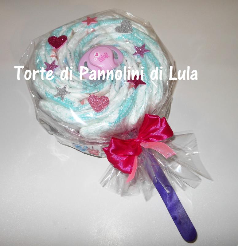 Torte di pannolini Lula Creazioni Pampers Idea regalo nascita battesimo baby shower futura mamma lecca lecca rosa femmina