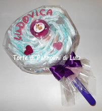 Carica l&#39;immagine nel visualizzatore di Gallery, Torte di pannolini Lula Creazioni Pampers Idea regalo nascita battesimo baby shower futura mamma lecca lecca rosa femmina
