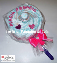 Carica l&#39;immagine nel visualizzatore di Gallery, Torte di pannolini Lula Creazioni Pampers Idea regalo nascita battesimo baby shower futura mamma lecca lecca rosa femmina
