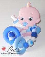 Carica l&#39;immagine nel visualizzatore di Gallery, Torte di pannolini Lula Creazioni gioco dentizione silicone maschio azzurro blu bianco perla bimbo bambino neonato anelli massaggiagengive shop online italia ancona idea regalo nascita baby shower battesimo
