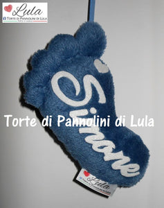 Torte di pannolini di Lula Creazioni - Piedino personalizzato nome dedica - gadget auto portachiavi decorazione camera albero Natale regalo neonato blu maschio