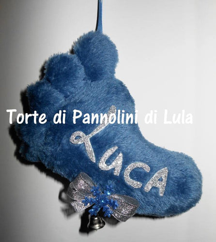 Torte di pannolini di Lula Creazioni - Piedino personalizzato nome dedica - gadget auto portachiavi decorazione camera albero Natale regalo neonato blu maschio