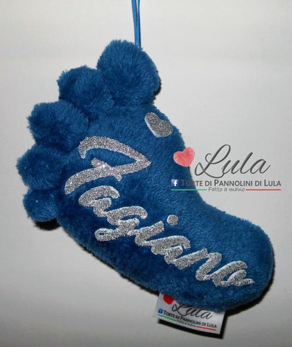 Torte di pannolini di Lula Creazioni - Piedino personalizzato nome dedica - gadget auto portachiavi decorazione camera albero Natale regalo neonato blu maschio