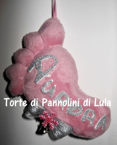 Torte di pannolini di Lula Creazioni - Piedino personalizzato nome dedica - gadget auto portachiavi decorazione camera albero Natale regalo neonato rosa femmina 