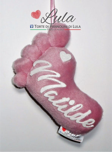 Torte di pannolini di Lula Creazioni - Piedino personalizzato nome dedica - gadget auto portachiavi decorazione camera albero Natale regalo neonato rosa femmina
