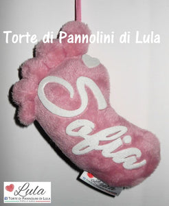 Torte di pannolini di Lula Creazioni - Piedino personalizzato nome dedica - gadget auto portachiavi decorazione camera albero Natale regalo neonato rosa femmina