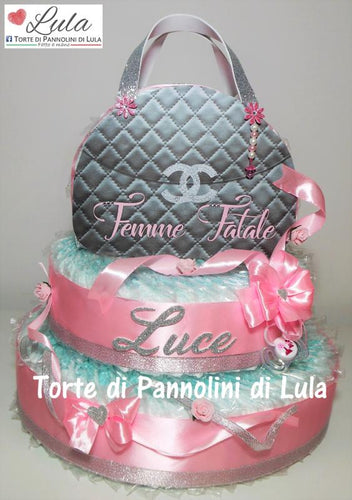 Torte di pannolini di Lula Creazioni - bella Composizione originale particolare elegante idea regalo nascita battesimo baby shower femmina borsa borsetta rosa