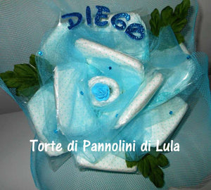 Torte di pannolini di Lula Creazioni - fiore rosa rosellina idea regalo nascita battesimo babyshower azzurro maschio gravidanza pampers utile bella originale bavaglino shop online spedizioni italia ancona