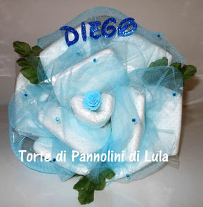 Torte di pannolini di Lula Creazioni - fiore rosa rosellina idea regalo nascita battesimo babyshower azzurro maschio gravidanza pampers utile bella originale bavaglino shop online spedizioni italia ancona