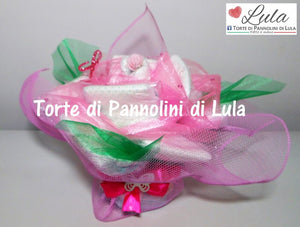 Torte di pannolini di Lula Creazioni - fiore rosa rosellina idea regalo nascita battesimo babyshower rosa femmina gravidanza pampers utile bella originale bavaglino shop online spedizioni italia ancona