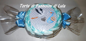 torta di pannolini pampers lula creazioni personalizzata nome bebè idea regalo utile originale particolare economica nascita battesimo baby shower shop online spedizioni italia ancona milano torino caramella celeste azzurro cicogna maschio bimbo