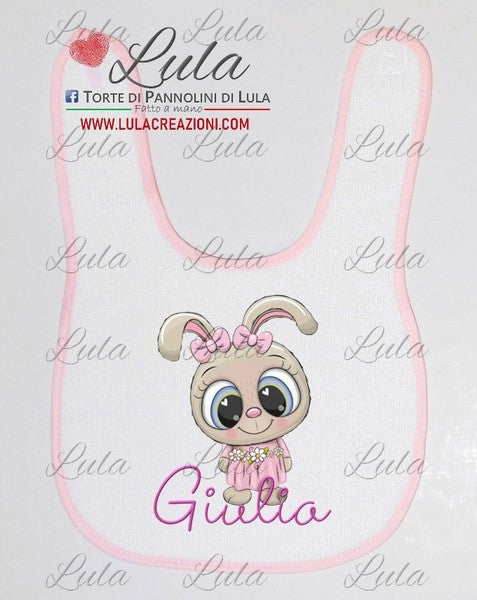 Torte di Pannolini di Lula Creazioni - Bavaglino personalizzato nome dedica Lula Creazioni strapazzami di coccole chase pow patrol maschio idea regalo nascita battesimo baby shower primo compleanno natale coniglio coniglietto dolce rosa femmina