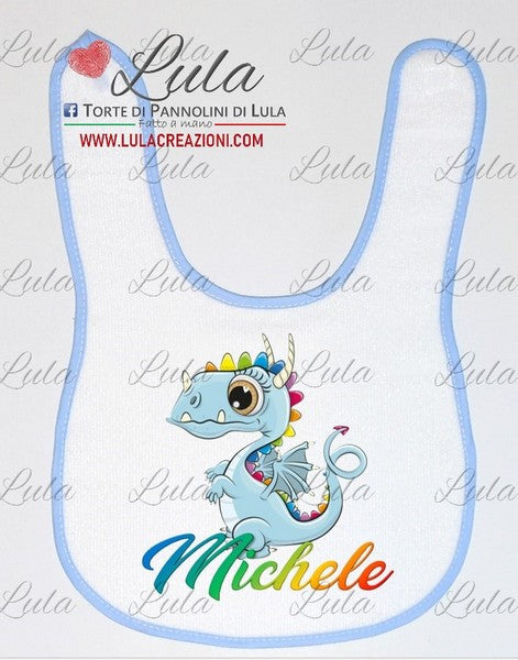 Torte di Pannolini di Lula Creazioni - Bavaglino personalizzato nome dedica Lula Creazioni  maschio idea regalo nascita battesimo baby shower primo compleanno natale drago dinosauro maschio azzurro