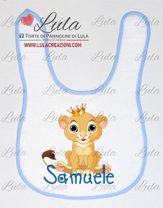 Torte di Pannolini di Lula Creazioni - Bavaglino personalizzato nome dedica Lula Creazioni strapazzami di coccole chase pow patrol maschio idea regalo nascita battesimo baby shower primo compleanno natale re leone simba maschio azzurro