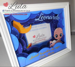 cornice quadro quadretto nascita 3d personalizzato nome dedica sogni d'oro ninna nanna nuvole luna foto portafoto rosa femmina maschio shadow box idea regalo gravidanza neo mamma baby shower nascita neonato battesimo utile originale bello shop online spedizioni Italia Lula Creazioni