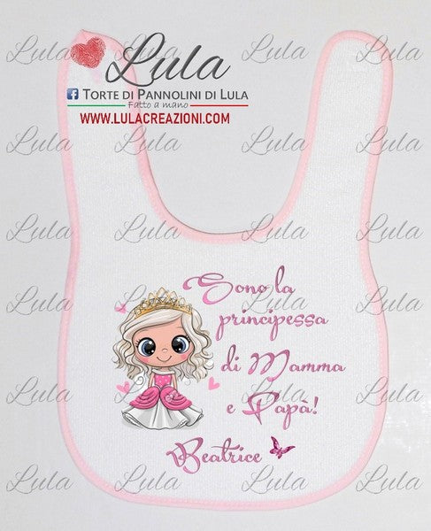 Torte di Pannolini di Lula Creazioni - Bavaglino personalizzato nome dedica Principessa idea regalo nascita battesimo baby shower femmina rosa torta di pannolini 