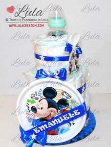 torta di pannolini Lula Creazioni pampers idea regalo utile originale bella gravidanza baby shower nascita battesimo topolino set pappa piatto azzurro maschio shop online spedizioni italia ancona