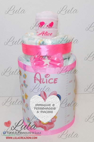 torta di pannolini lula creazioni biberon minnie con calzini personalizzati nome. femmina rosa. idea regalo per nascita battesimo baby shower. spedizioni italia